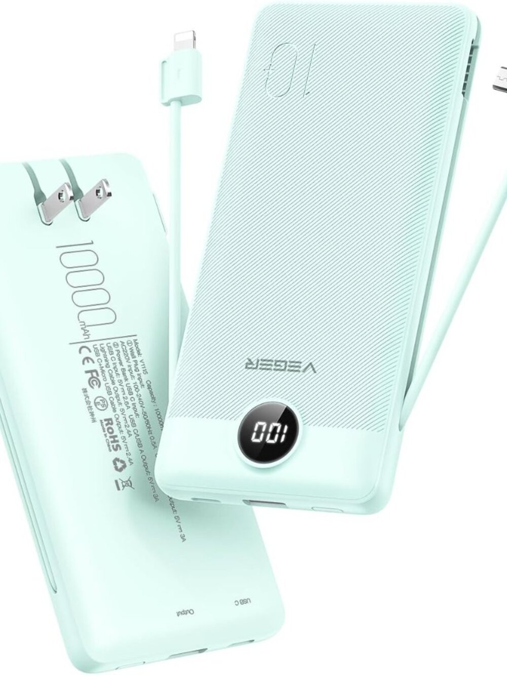 Portable Charger with Built-in AC Plug and Cables All in One 10000mAh Power Bank